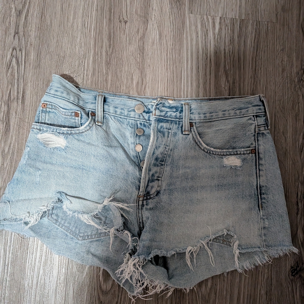 Denim Forum Light Blue Distressed Denim Shorts